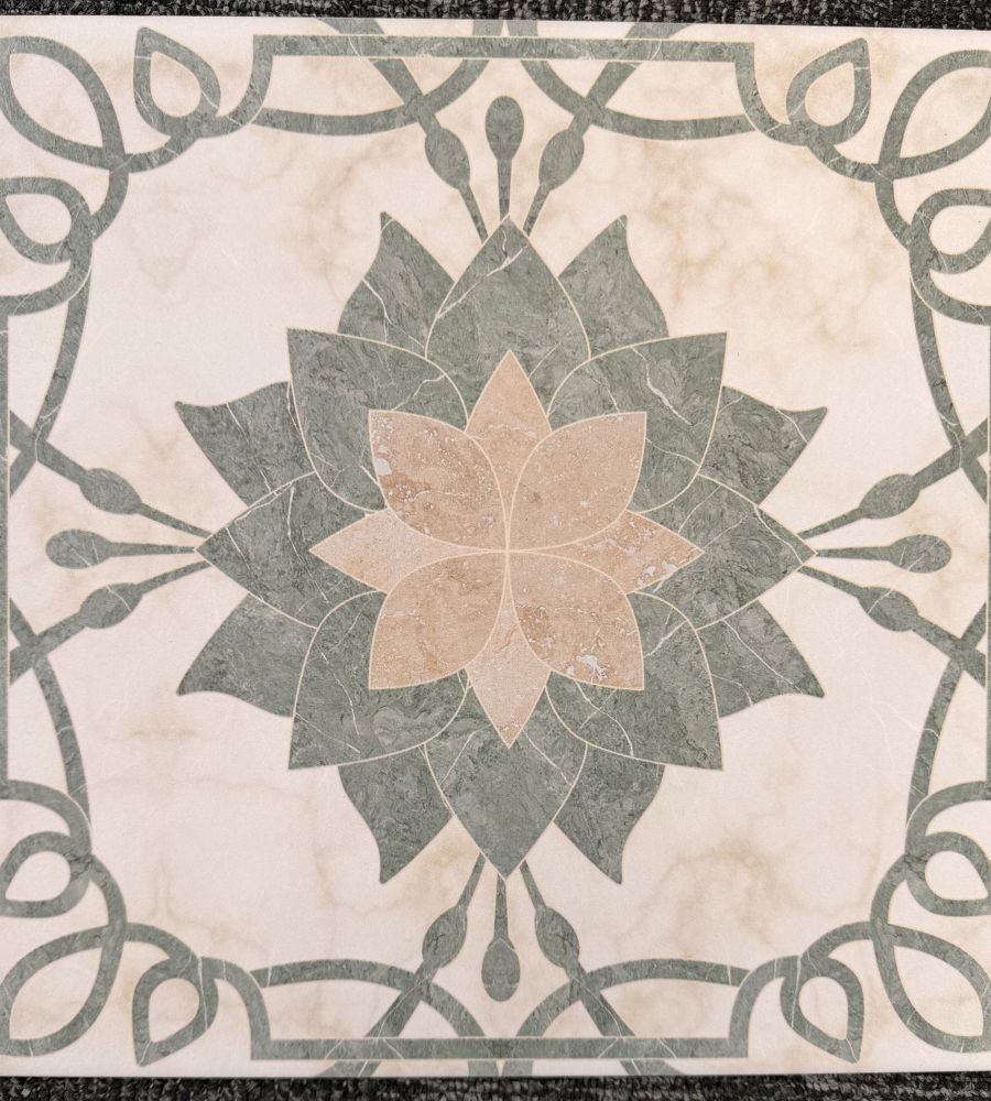 Bespoke ceramic floor tile for Hotel Magnolia with ivory background, muted sage and soft blush floral pattern