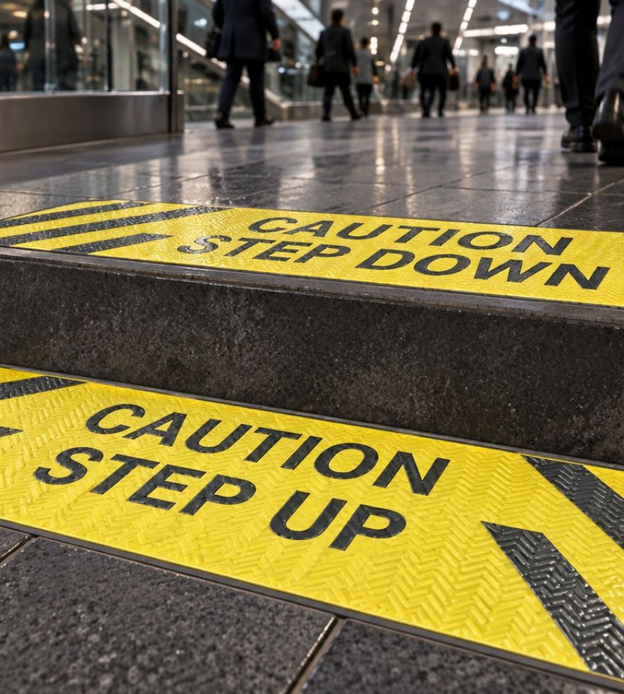 Bespoke ceramic anti-slip CAUTION STEP UP and STEP DOWN warning tiles