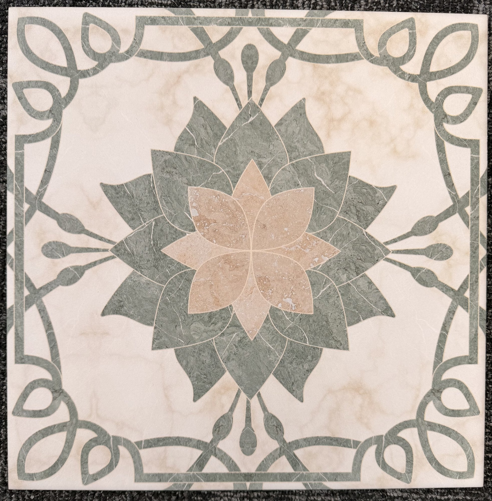 Bespoke ceramic floor tile for Hotel Magnolia with ivory background, muted sage and soft blush floral pattern