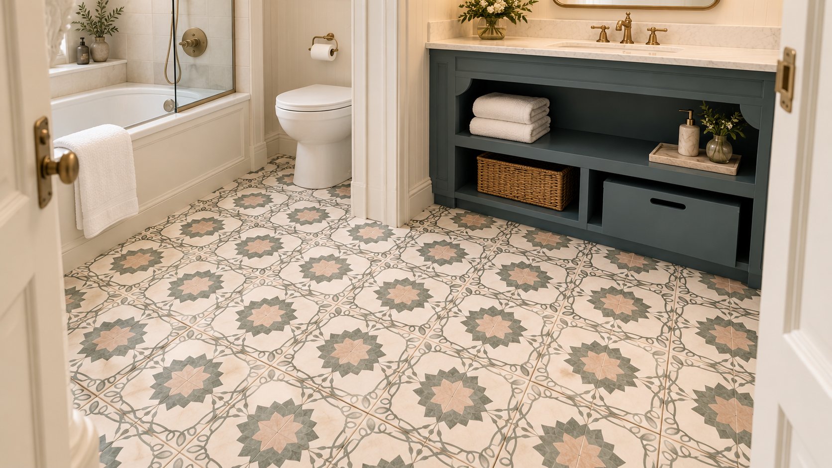 Hotel Magnolia en suite bathroom with bespoke ivory, sage and blush patterned ceramic floor tiles